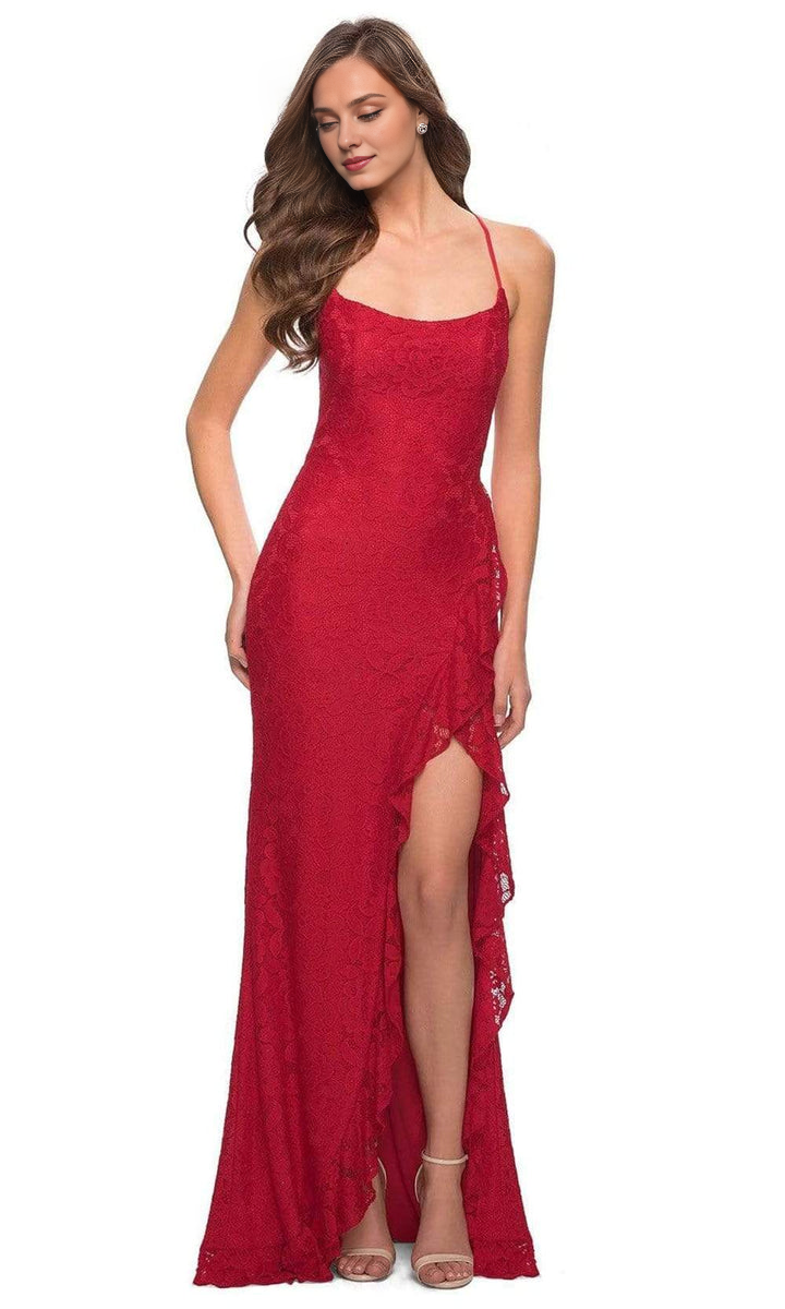 Formal Women's Dresses/ Spaghetti straps Crisscross Strapped Open Back Ruffle Slit Lace Sheath Prom Dress/ Prom Dress In Store
